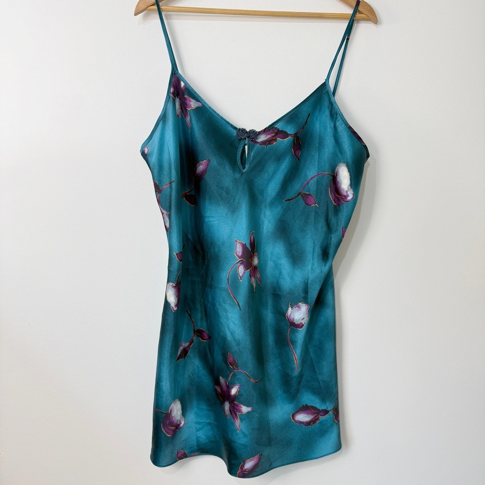 Vintage Angelique Floral Satin Slip Dress Chemise Nightgown Women XL Teal Purple